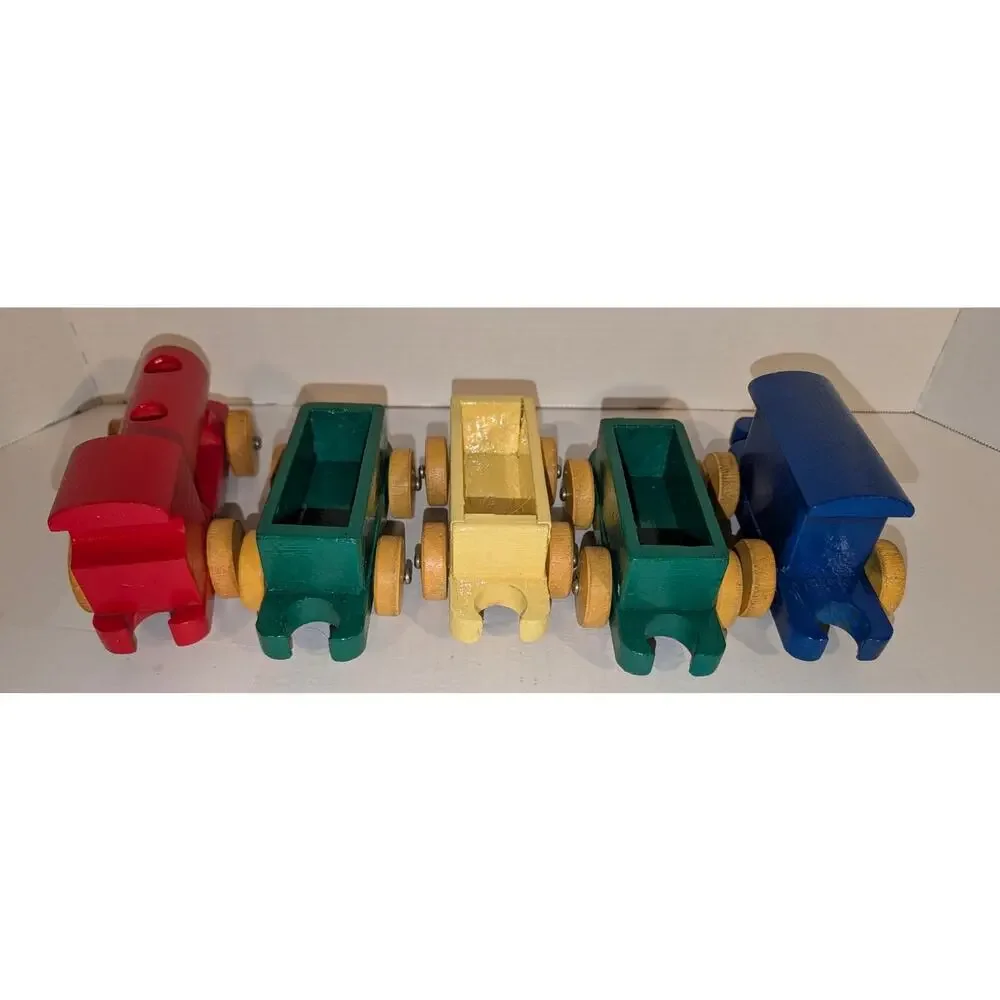 Vintage Interlocking Wooden Handcrafted Train Engine 4 Cars Toy Rare